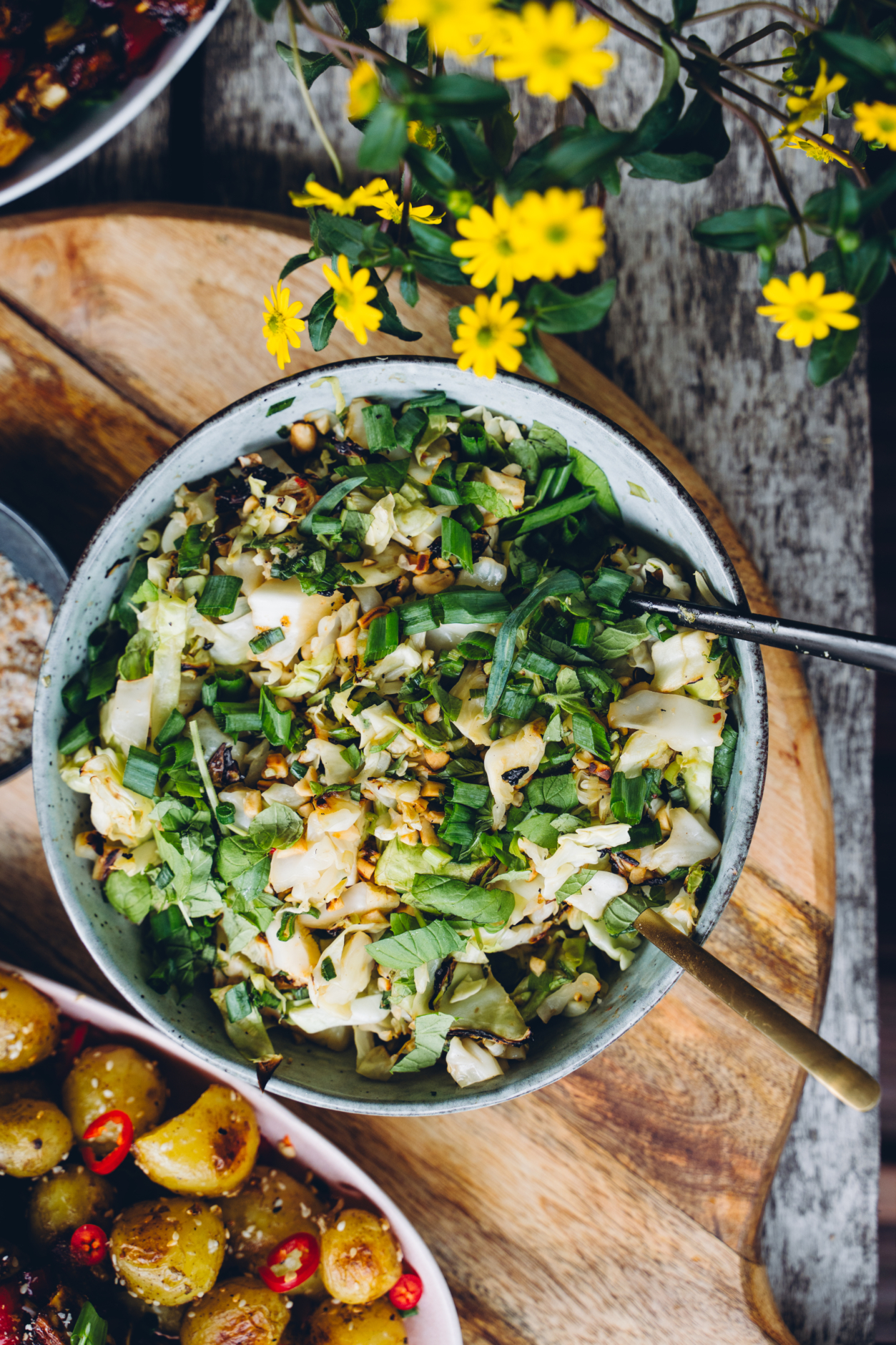 Aasialaiset tofuvartaat. Grillattu varhaiskaalisalaatti