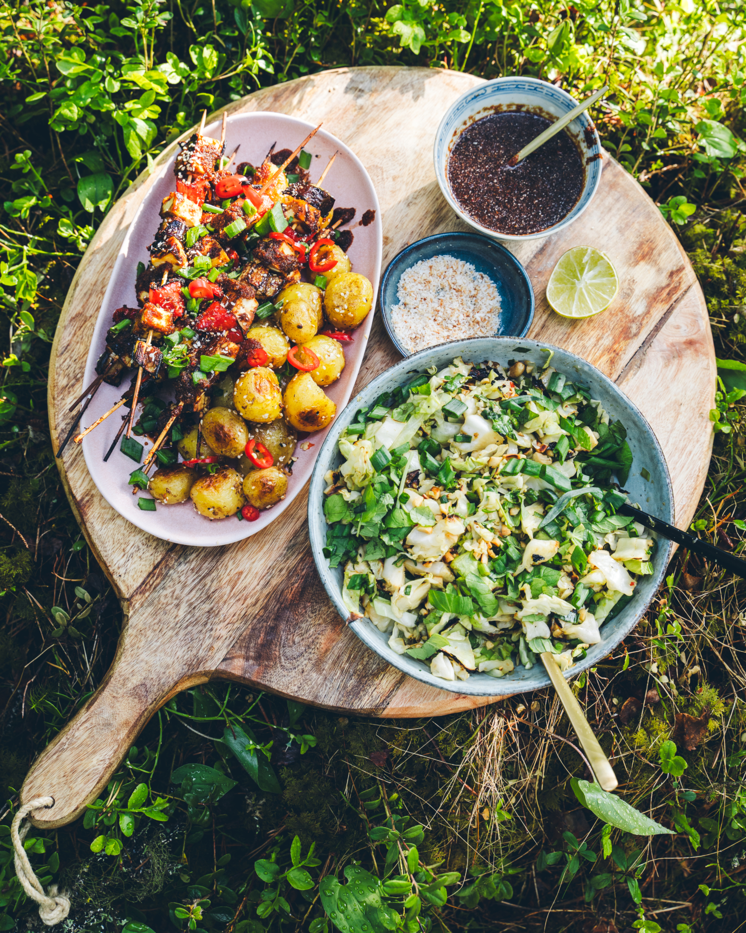 Aasialaiset tofuvartaat. Grillattu varhaiskaalisalaatti