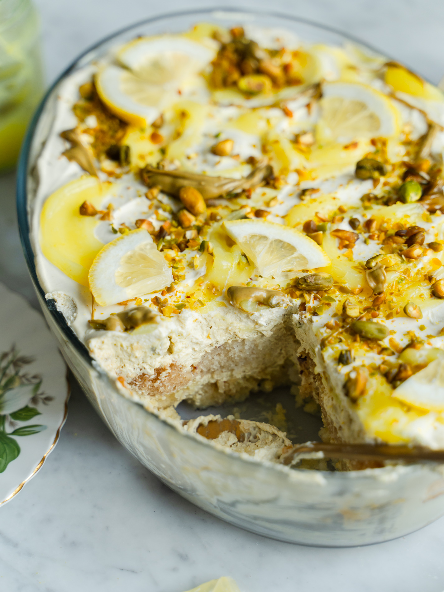 Sitruuna-pistaasitiramisu. Vegaaninen